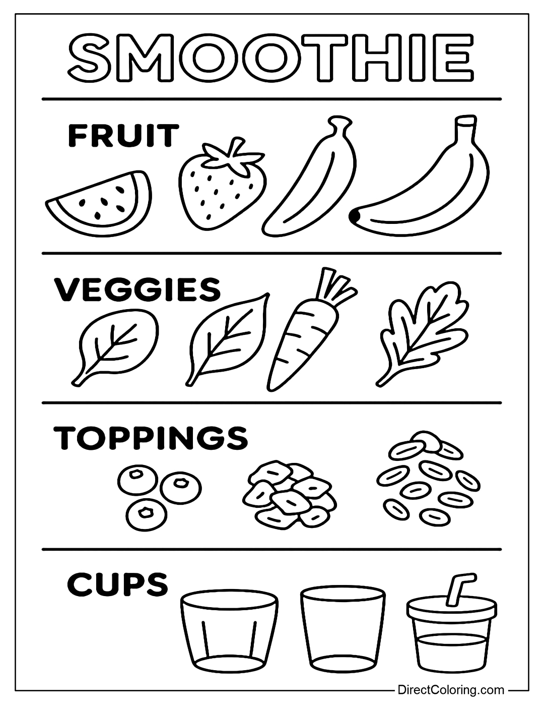 Coloring page of a smoothie ingredient selection board: fruit - vegetables - topping - glass.